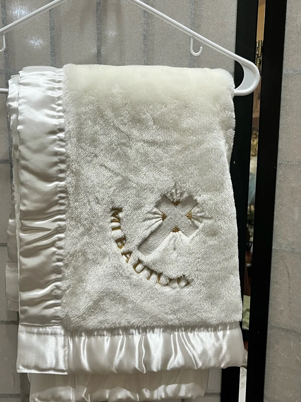 Baby Mink Soft White Satin-Trim Blessed Baby Baptism Blanket - Embroidered Cross